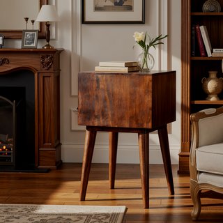 Sunvega Modern Chestnut Solid Wood Bedside Table with Drawer and Open Slot