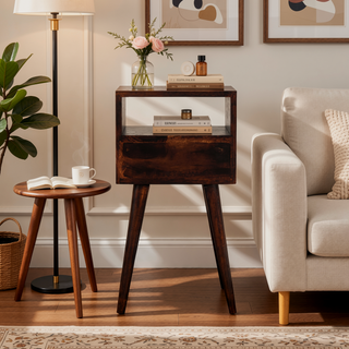 Sunvega Solid Mango Wood Nightstand with Drawer and Shelf on Nordic Legs