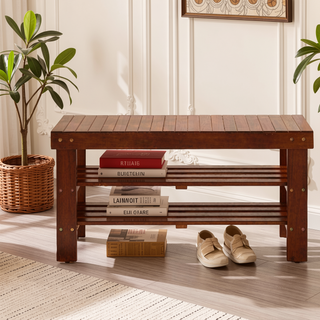Sunvega Solid Wood White Finish Shoe Bench with Plastic Leveler Legs