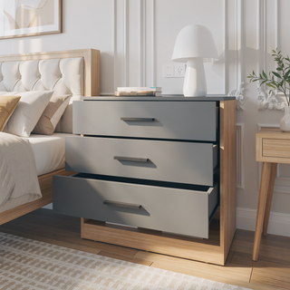 Sunvega 3 Drawer Dresser with Open Shelf in Natural Oak and Matt Grey Finish