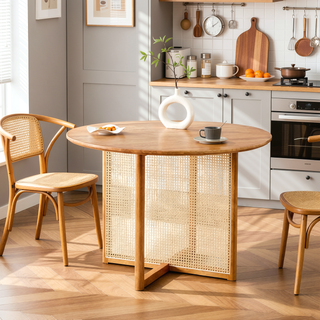 Sunvega Chinese Country Retro Walnut Solid Wood Round Table with Imitation Rattan Legs