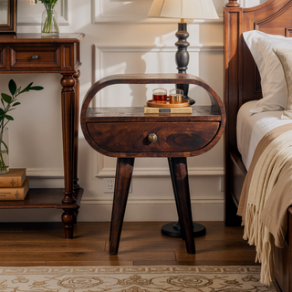 Sunvega Round Solid Mango Wood Bedside Table with Drawer and Open Slot