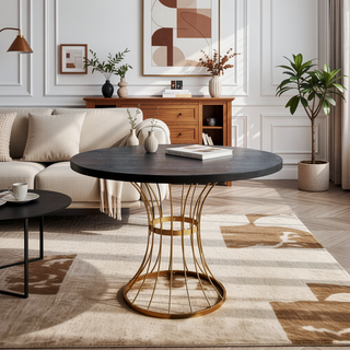 Sunvega 42 Inch Round Dining Table with Oak Veneer Top and Iron Base for Small Spaces