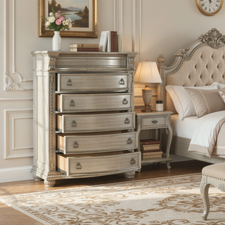 Sunvega Silver Finish European Design Nightstand with Genuine Marble Top