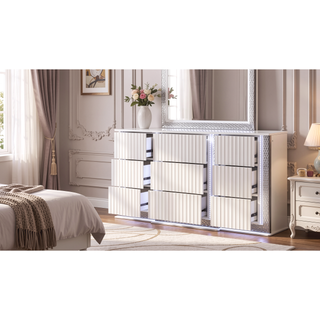Sunvega White LED Dresser with Diamond Side Accents and Velvet Lined Drawers