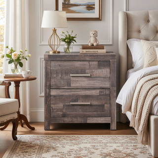Sunvega Dark Oak 2-Drawer Nightstand with Wooden Frame and Sled Base