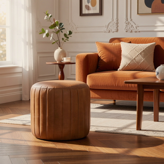 Sunvega Modern Art Handcrafted Buffalo Leather Boucle Footstool for Bedroom Living Room