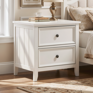 Sunvega White Finish 2 Drawer Bedroom Nightstand Farmhouse Style Bedside Table