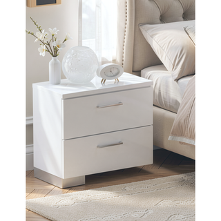 Sunvega Sleek White Nightstand with Chrome Legs and Two Spacious Drawers