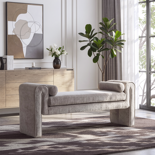Sunvega Modern Glam Accent Bench with Chenille Upholstery and Bolster Pillows