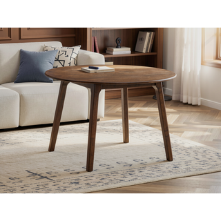 Sunvega Walnut Finish Round Dining Table with Fixed Tabletop for Family Meals