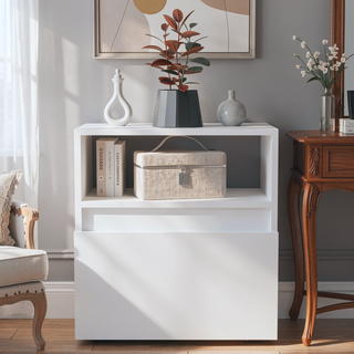 Sunvega White Nightstand with Drawer and Casters for Bedroom or Living Room