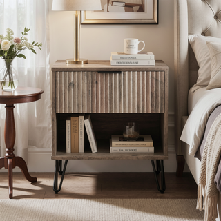 Sunvega Modern Glam Nightstand with Gold Metal Legs and Textured Drawer