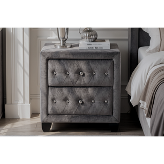 Sunvega Cream Velvet Upholstered Nightstand with Crystal Tufted Design and Two Drawers