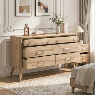 Sunvega Classic Style Dresser with 6 Drawers and Natural Oak Finish for Bedroom