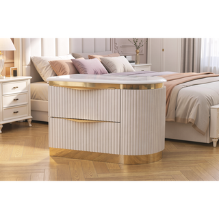 Sunvega White and Gold Lacquered 2-Drawer Nightstand with Soft-Closing Drawers