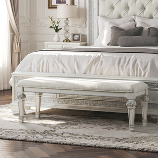 Sunvega Creamy White Traditional Bench with Diamond Button Tufting and Silver Finish