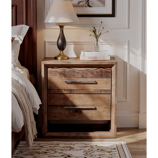 Sunvega Hand-Stained Mocha Pine Wood 2-Drawer Nightstand with Antique Silver Hardware