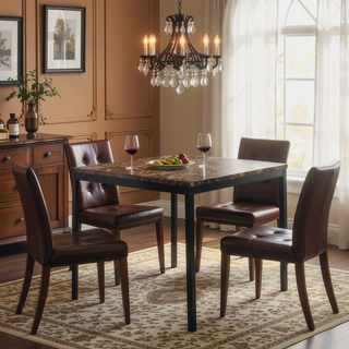 Sunvega Brown Faux Marble Table Top with Black Metal Frame Dining Table