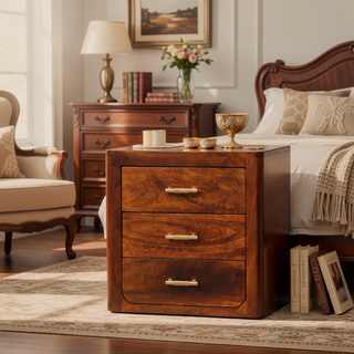 Sunvega Luca Dark Brown Chestnut Nightstand with 3 Drawers and Gold Knobs