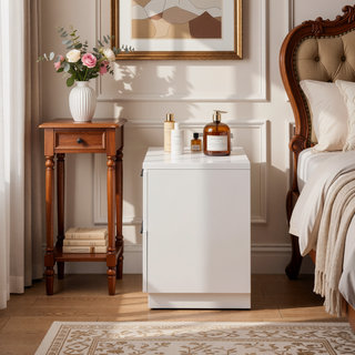 Sunvega Sleek White Nightstand with Chrome Legs and Two Spacious Drawers