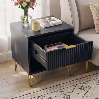 Sunvega Modern Glam Nightstand with Gold Metal Legs and Textured Drawer
