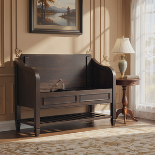 Sunvega Solid Wood Storage Bench with Shelf and Dark Chestnut Brown Stain