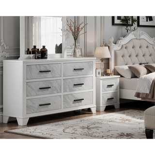 Sunvega White Rubberwood Nightstand with Faux Marble Inset and Black Bar Pulls