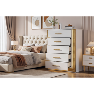 Sunvega Modern White and Gold Finish Five-Drawer Chest with LED Lights