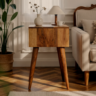 Sunvega Solid Wood Mini Bedside Table with Bone Inlay Drawer and Nordic Legs