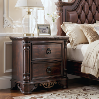 Sunvega Traditional Brown Cherry Nightstand with Genuine Marble Top and Antique Bronze Ring Pulls