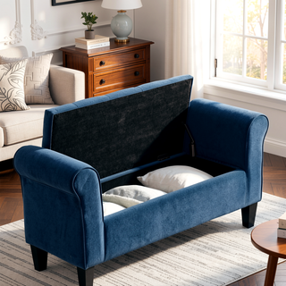 Sunvega Button-Tufted Velvet Ottoman Bench with Rolled Armrests and Storage for Living Room
