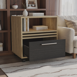Sunvega Contemporary Light Oak and Black Nightstand with Caster Wheels
