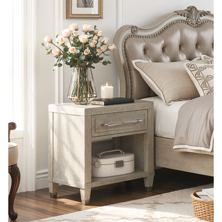Sunvega Light Oak Finish Nightstand with Charging Ports Drawer and Shelf