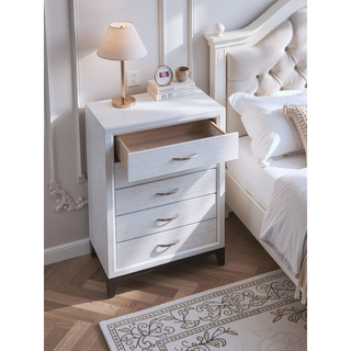 Sunvega White Laminate Nightstand with Wood Grain Detailing and Two Spacious Drawers