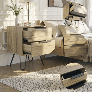 Sunvega Nightstand with Two Drawers and Four Steel Hairpin Legs