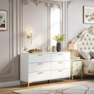 Sunvega White Dresser with Six Deep Drawers and Gold Handles for Modern Bedroom