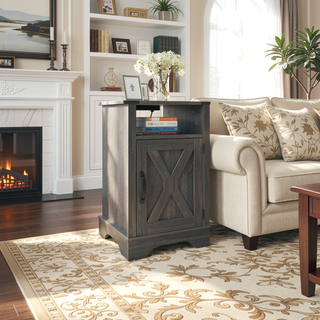 Sunvega White Oak Farmhouse Nightstand with Charging Station and Ample Storage