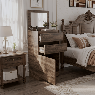 Sunvega Dark Walnut Finish Jewelry Box with Mirror and Single Door Cabinet