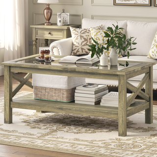 Sunvega Modern Farmhouse Coffee Table with Tempered Glass Top and Storage Shelf