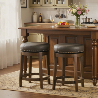 Sunvega Set of Two Gray Faux Leather Swivel Counter Stools with Wood Base