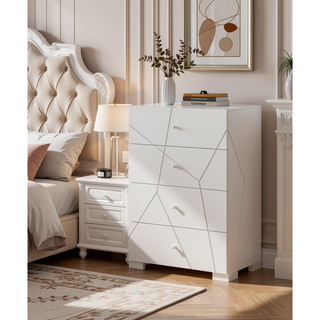 Sunvega Contemporary Nightstand with Geometric Accents and High-Gloss White Finish