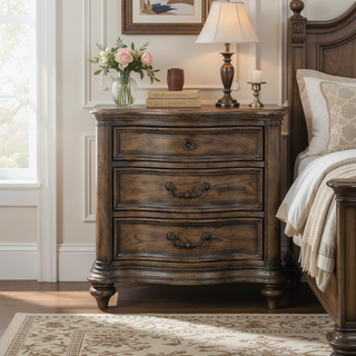 Sunvega Brown Oak Finish 3 Drawer Nightstand Bedside Table with Antique Bronze Hardware