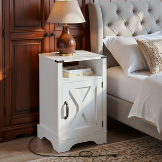 Sunvega White & Oak Farmhouse Nightstand with Electrical Outlets Charging Station and Storage