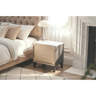 Sunvega Cream Oak Nightstand with Faux Marble Top and Rustic Wood Accents