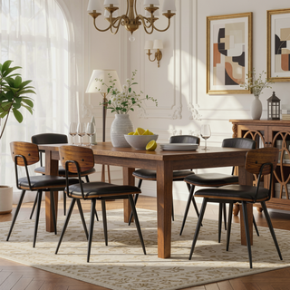 Sunvega Walnut Veneer Dining Table with Solid Wood Legs for Kitchen