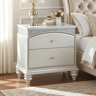Sunvega Platinum Finish Nightstand with Spacious Drawers and Rhinestone Inlays
