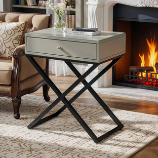 Sunvega Koda Taupe Wooden End Side Table with Glass Top and Drawer
