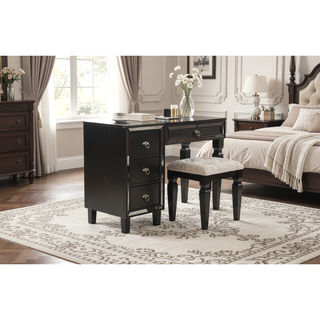 Sunvega Traditional Cherry Wood Vanity Set with Tufted Stool and Storage Drawers