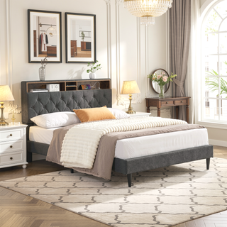 Sunvega Queen Size Upholstered Platform Bed Frame with USB Ports and Storage Headboard